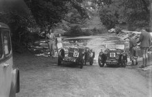 MG J2 and MG D type at the Mid Surrey AC Barnstaple Trial, Tarr Steps, Exmoor, 1934. Artist: Bill Brunell.