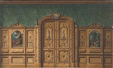 Design for a room with wood panels inset with paintings and a heavily-carved double door, 1830-97. Creators: Jules-Edmond-Charles Lachaise, Eugène-Pierre Gourdet.