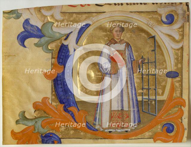 Manuscript Illumination with Saint Lawrence in an Initial C, from a Gradual, ca. 1380-90. Creator: Simone Camaldolese.