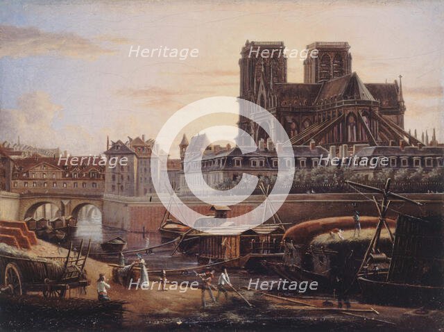 The Saint-Charles bridge, Hôtel-Dieu, Archdiocese and Notre-Dame, seen from Quai de..., circa 1820. Creator: Unknown.