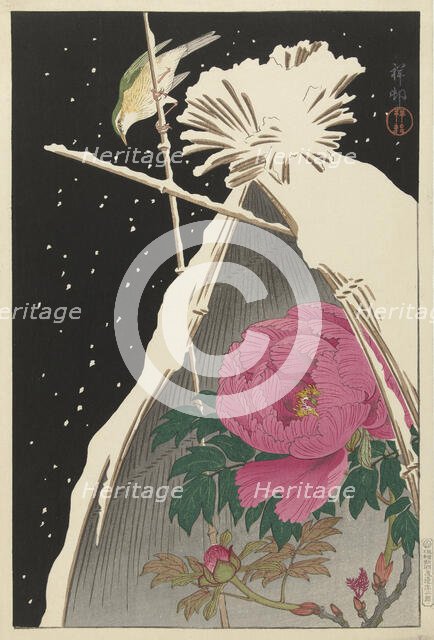Siberian blue robin next to a Peony sheltered by a Snowcovered Hay Sheaf, 1925-1936. Creator: Ohara, Koson (1877-1945).