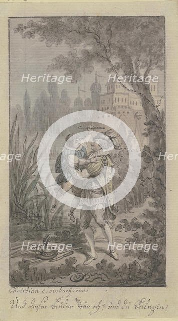 Greeting scene of two men at a castle. Creator: Christian Sambach.