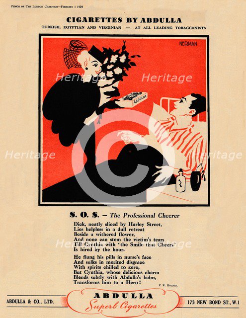 'Cigarettes by Abdulla - S.O.S. - The Professional Cheerer', 1939. Artist: Unknown.