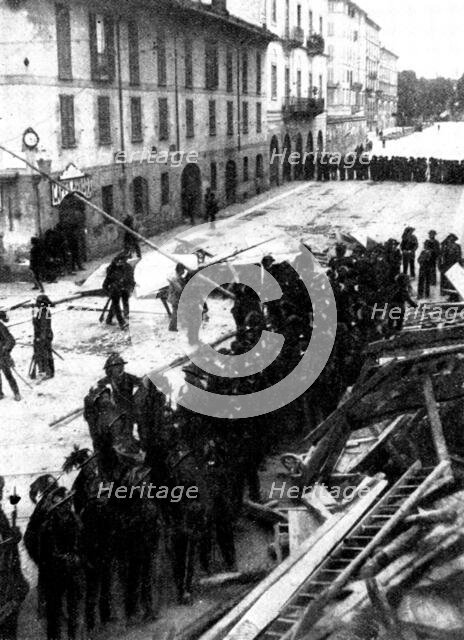The Riots in Italy: Bersaglieri before a conquered barricade in Milan, 1898. Creator: Stefano Bencetti.