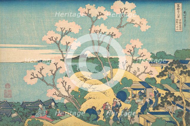 Fuji from Gotenyama on the Tokaido at Shinagawa (Tokaido Shinagawa Gotenyama no Fuj..., ca. 1830-32. Creator: Hokusai.