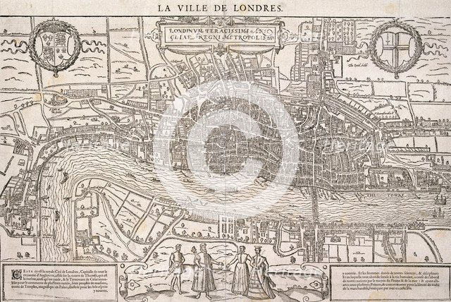 Map of the City of London and City of Westminster with four figures in the foreground, (c1572?). Artist: Anon