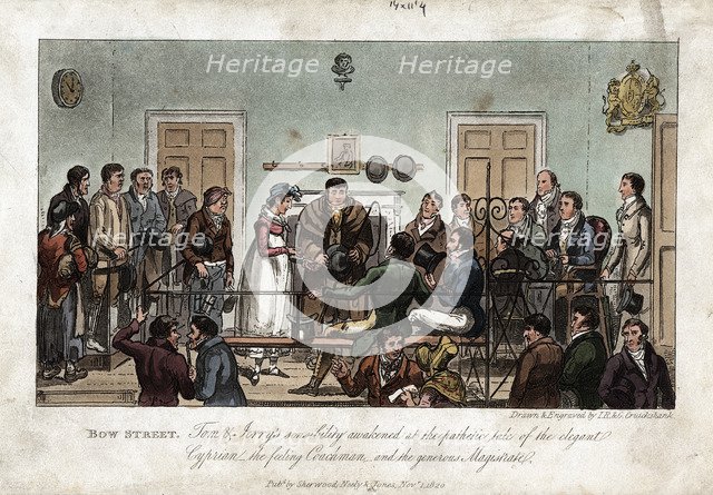 Tom and Jerry as observers in the Bow Street Magistrate's Court, London, 1821. Artist: George Cruikshank