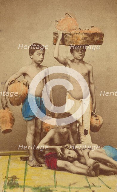 Four unidentified boys: two standing with clay pots, two seated with one being checked..., 1865-1870 Creator: Giorgio Conrad.