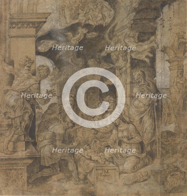 The Adoration of the Shepherds; verso: Sketches, ca. 1532-37. Creator: Maerten van Heemskerck.