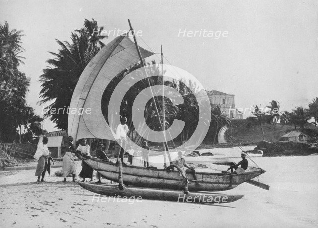 'Outrigger Fishing Canoe at Mount Lavinia Sea Shore', c1890, (1910). Artist: Alfred William Amandus Plate.