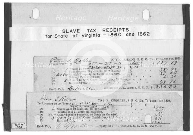 Slavery tax receipts for State of Virginia : 1860 and 1862. For Peter S. Roller, 1860-1862. Creator: Unknown.