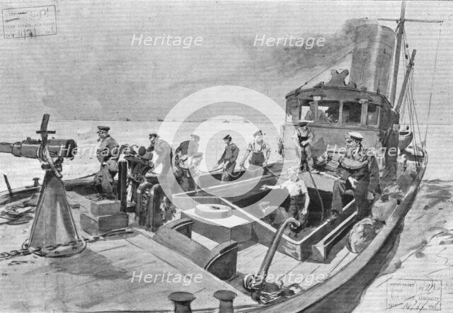 'La flotte d'avant-garde; le dragage des mines. Batiment auxiliare a la recherche des sous..., 1916. Creator: Frederic de Haenen.