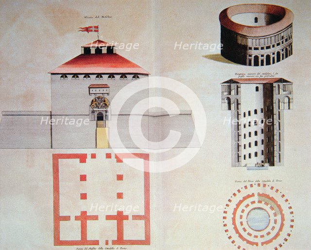 Drawing of the tower and the moat of the citadel of Turin, 1664.