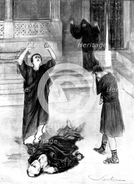 "Julius Caesar," at Her Majesty's Theatre: Mark Antony by the dead body of Caesar, 1898. Creator: Robert Sauber.