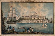 Malta: Royal Naval Hospital or Bighi Hospital, with sailors dancing on the shore, 1843. Creators: Charles de Brocktorff, Unknown.