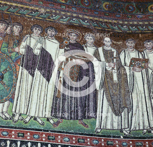 Mosaic of the Emperor Justinian and his court, 6th century. Artist: Unknown