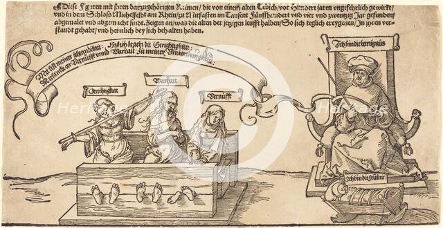 Justice, Truth and Reason in the Stocks with the Seated Judge and Sleeping Piety, probably 1526. Creator: Albrecht Durer.