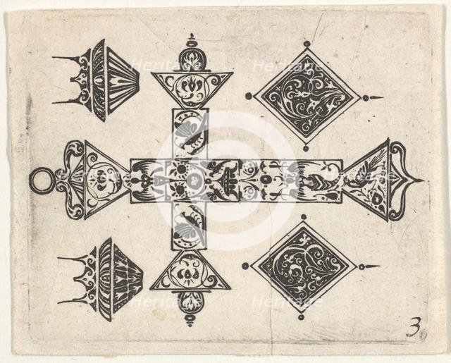 Blackwork Print with a Latin Cross and Four Motifs, ca. 1620. Creator: Claes Jansz Visscher.