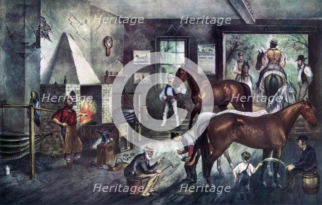 'Trotting Cracks at the Forge', 1869.Artist: Currier and Ives