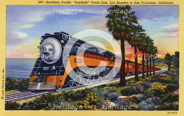 Southern Pacific 'Daylight' Coast Line, Los Angeles to San Francisco, California, USA, 1940. Artist: Unknown