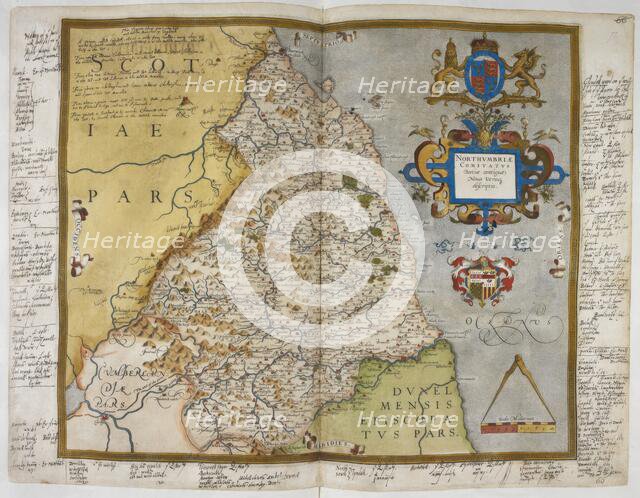 Engraved map of Northumberland, 1579. Creator: Christopher Saxton.