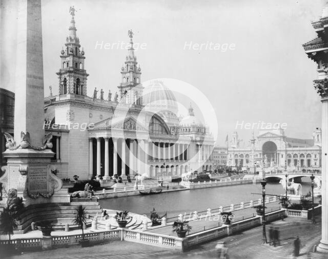 Palace of Mechanic Arts and lagoon at the World's Columbian Exposition, Chicago, Illinois, 1892. Creator: Frances Benjamin Johnston.