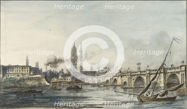 View across the Thames towards the Church of St Magnus and the Monument, late 18th century. Artist: Louis Belanger.