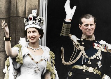 Gallery image of Queen Elizabeth II and the Duke of Edinburgh on their coronation day, Buckingham Palace, 1953. Artist: Unknown.