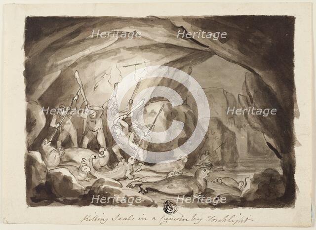 Killing Seals in a Cavern by Torchlight (recto); Sketch of Hunters and Board (verso), n.d. Creator: Samuel Howitt.