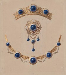 Parure of diadem, brooch and necklace with lapis lazuli and enamel, ca. 1830-70. Creator: Alexis Falize.