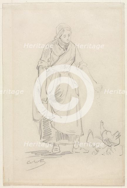 Peasant Girl Feeding Chickens, 1800s(?). Creator: Jean Baptiste Camille Corot (French, 1796-1875).
