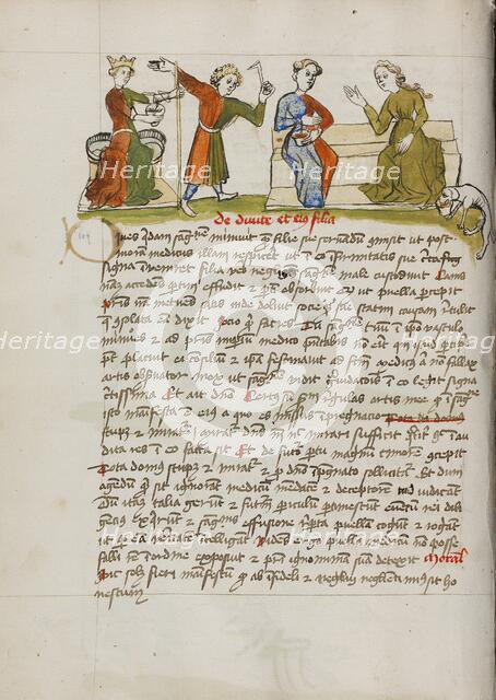 A Man Standing before a Crowned Woman Enthroned and Two Women..., third quarter of 15th century. Creator: Unknown.