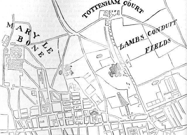Map of Rathbone Place and its neighbourhood, Westminster, London, 1746 (1878). Artist: Unknown.