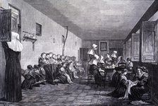 La Paz College in Madrid, classroom and work room of the girls, engraving from 1856.