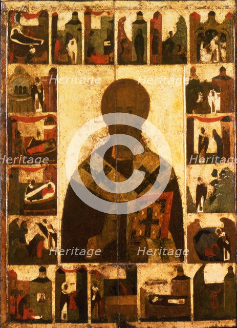 Saint Nicholas with scenes from his life, 14th century. Artist: Russian icon  