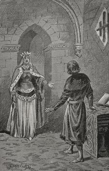 The Queen consort of Aragon Juana Enríquez (1425-1468) visits Charles, Prince of Viana..., 1890.  Creator: Joan Serra y Pausas.