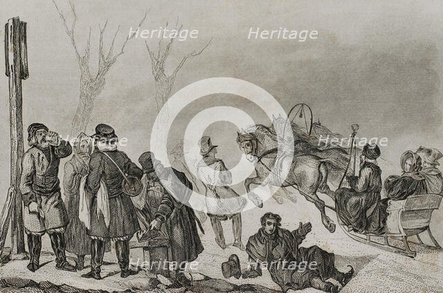 People on skates and on a horse drawn sleigh, Russia, 1839. Creator: Augustin François Lemaitre.