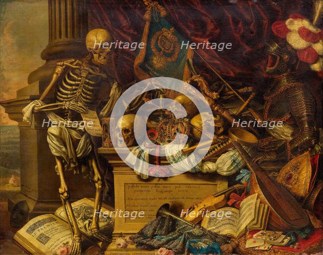 Vanitas Still Life with musical instruments, books, sheet music, skeleton, skull and armour , 17th c Creator: Luyckx, Carstian (1623-after 1657).