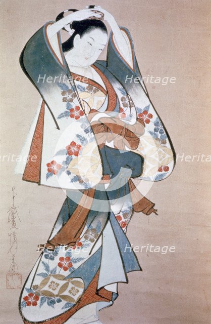 'Standing Beauty Arranging Her Hair', c1714. Artist: Ando Kaigetsudo