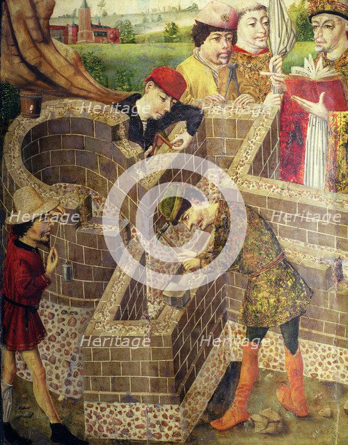 Building a church, detail from the Painting 'Church of San Miguel', panel painting.