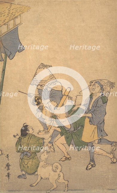 Three Revelers of the Lower Classes, Wearing Komuso Hats..., late 18th-early 19th century. Creator: Kitagawa Utamaro.