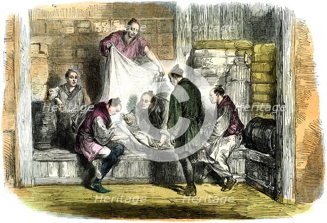 Buying camlets in a shop, Yokohama, Japan, 1865. Artist: Unknown