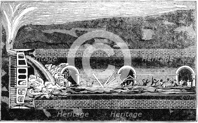 Flooding during the excavation of the Thames Tunnel, London,1828 (1836). Artist: Unknown