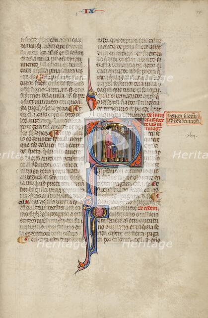 Initial Q: Two Men Fighting with Swords; Vidal Mayor, about 1290-1310. Creator: Unknown.