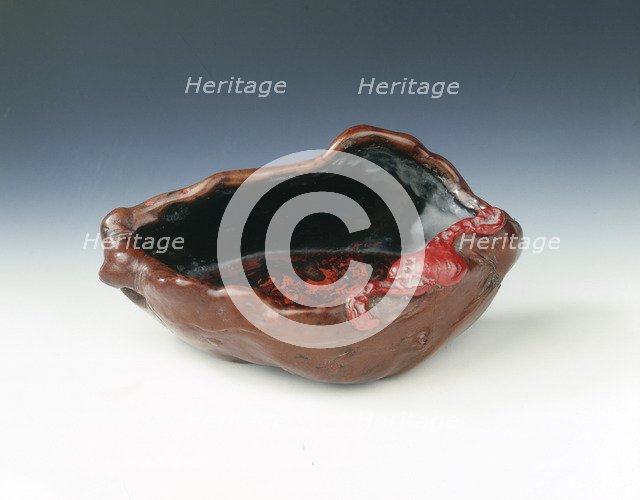 Lacquered wood drinking vessel with bat on rim, China, 18th century. Artist: Unknown