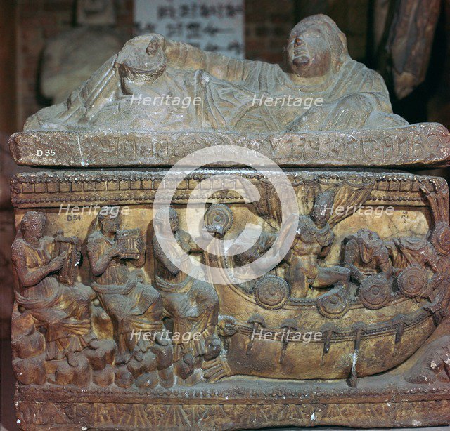 Detail of a sarcophagus showing Odysseus and the sirens. Artist: Unknown