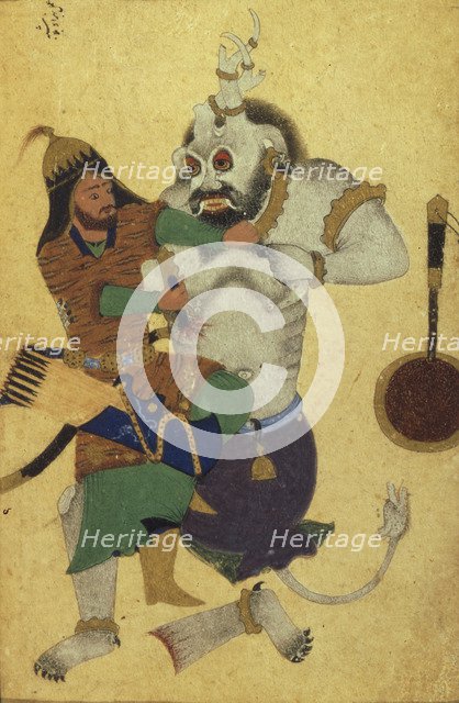 Rostam recovers the key to the stronghold of the White Demon (Manuscript illumination from the epic