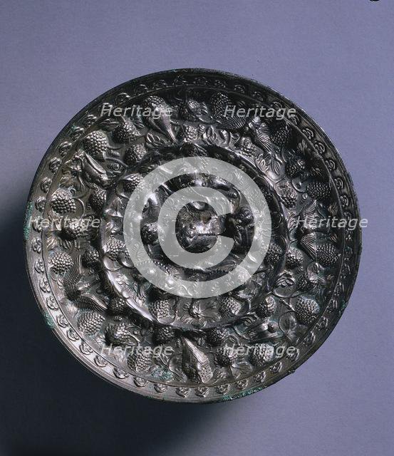 Animal-and-Grape Mirror with a Variety of Birds, late 600s. Creator: Unknown.