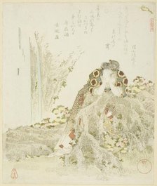 Chrysanthemum Boy leaning on a rock, from the series "Five Prints on Longevity..., mid-1820s. Creator: Yanagawa Shigenobu.
