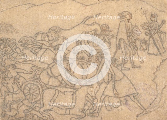 Kali Presenting the Heads of Chanda and Munda to Durga...the Devi Mahatmya..., ca. 1780. Creator: Unknown.